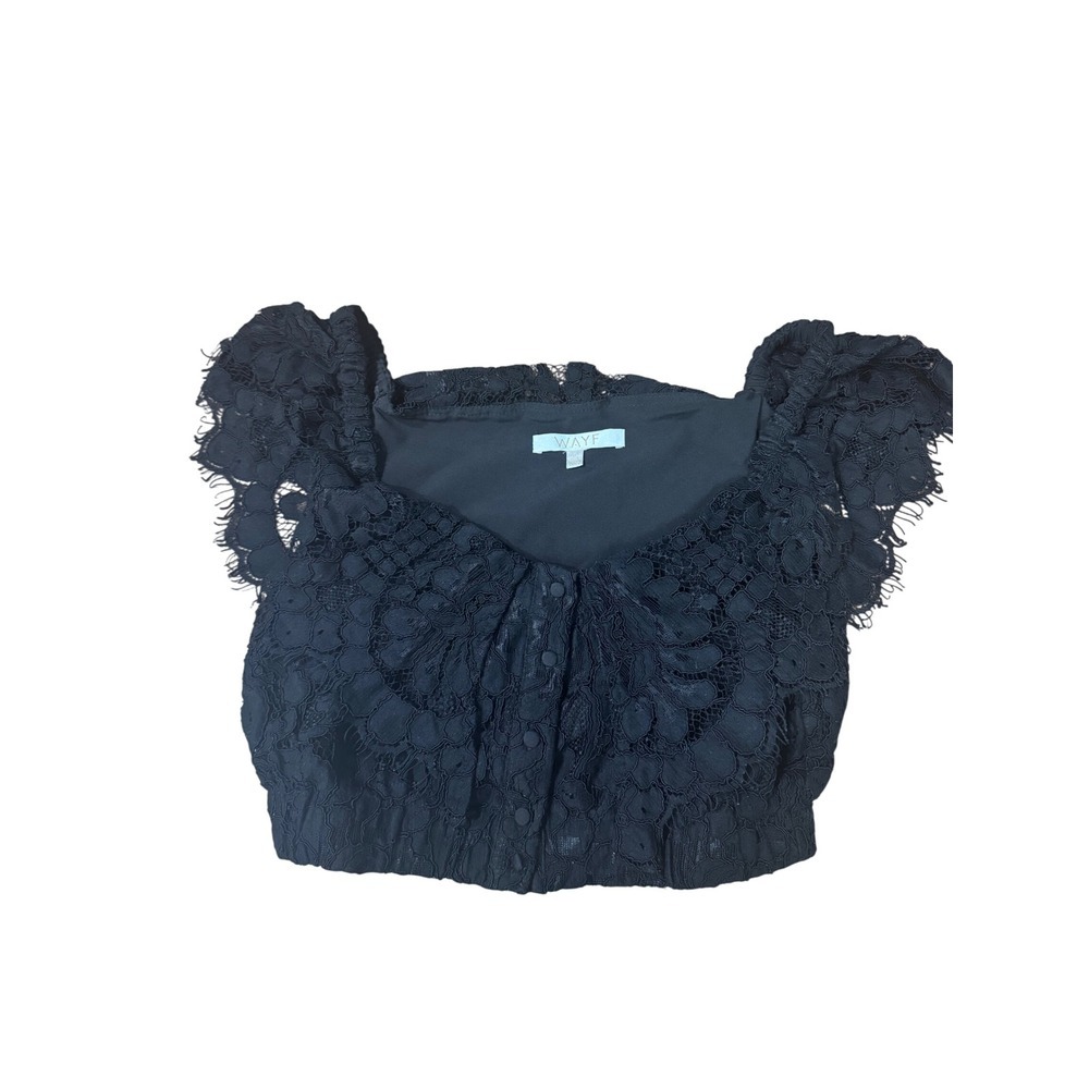 Wayf Black Lace Puff-Sleeve Crop Top